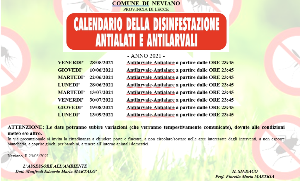 Calendario interventi di disinfestazione Antilarvale e Antialare Comune di Neviano